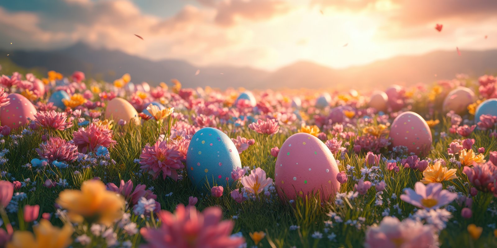 Colorful Easter eggs hidden among blooming flowers in a serene spring landscape during sunset